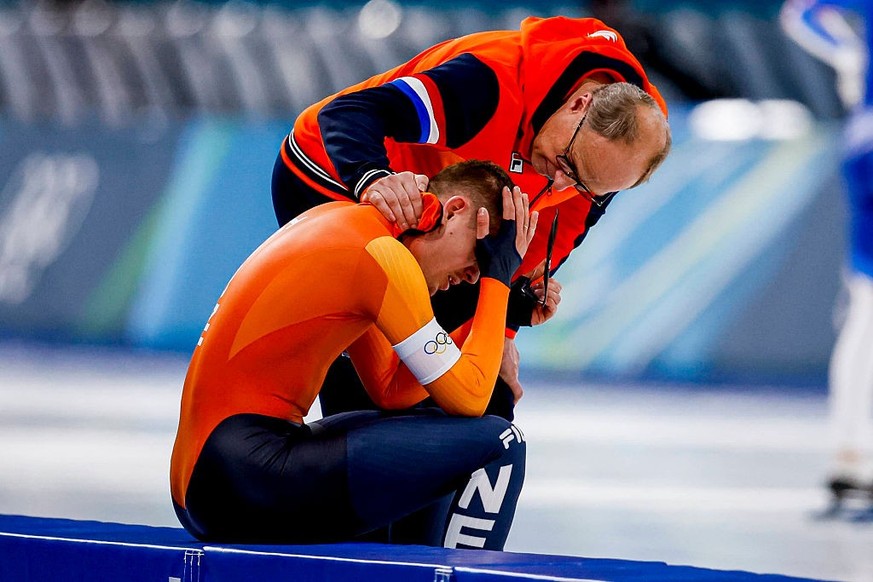 Milan, Italy - February 11: Jac Orie of TeamNL comforts Joep Wennemars of the Netherlands and looks dejected after competing on the Speed Skating Men 1000m on day five of the Milano Cortina 2026 Winte ...