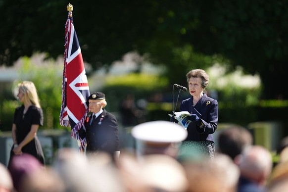 BAYEUX, FRANCE - JUNE 05: Princess Anne, Princess Royal, speaks at the Royal British Legion Service of Commemoration to commemorate the 80th anniversary of D-Day, at Bayeux cemetery on June 5, 2024 in ...