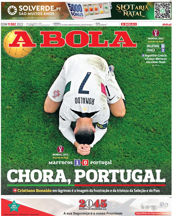 Une du média sportif portugais, A Bola: «Pleure, Portugal»
