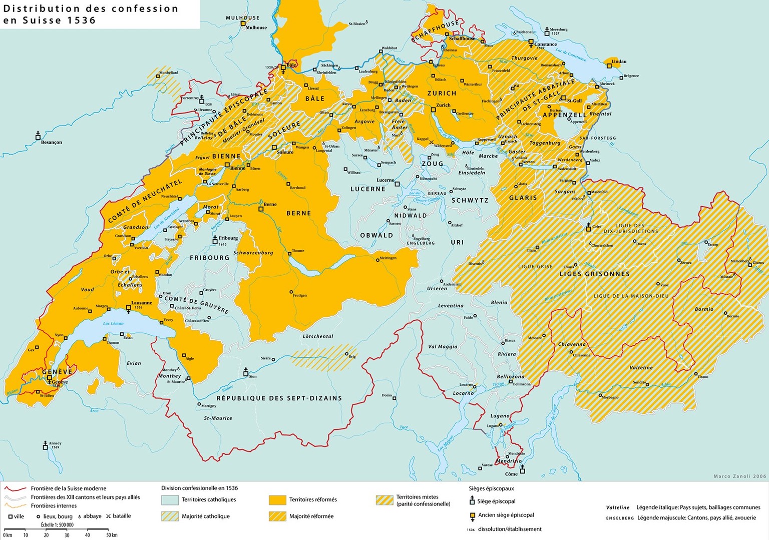 Les frontières religieuses au sein de la Confédération suisse autour de 1536, après la Réforme.
https://commons.wikimedia.org/wiki/File:Religion_map_of_Switzerland_in_1536_-_fr.png