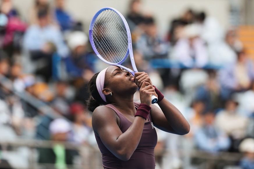 BEIJING, CHINA - OCTOBER 03: Coco Gauff of the United States reacts Camila Osorio of Colombia in the Women's Singles second round match on day two of China Open at the National Tennis Center on O ...