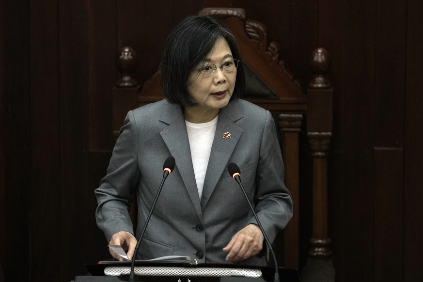 Taiwan&#039;s President Tsai Ing-wen addresses the National Assembly in Belmopan, Belize, Monday, April 3, 2023. Tsai is in Belize for an official three-day visit. (AP Photo/Moises Castillo)