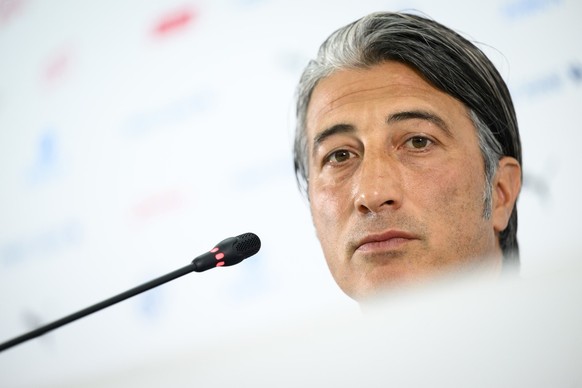 Switzerland&#039;s head coach Murat Yakin speaks during a press conference of the Switzerland&#039;s soccer national team after the elimination of the FIFA World Cup Qatar 2022 by Portugal in the roun ...