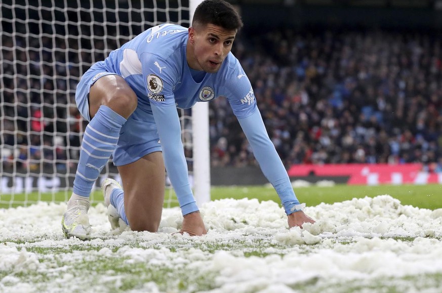 Manchester City&#039;s Joao Cancelo reacts after missing a chance to score during the English Premier League soccer match between Manchester City and West Ham United at the Etihad stadium in Mancheste ...