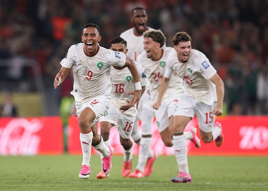 GUADALUPE, MEXICO - JUNE 29: Soufiane Rahimi #9 of Morocco celebrates winning the penalty shoot-out during the FIFA World Cup 2026 Round Of 32 match between Netherlands and Morocco at Monterrey Stadiu ...