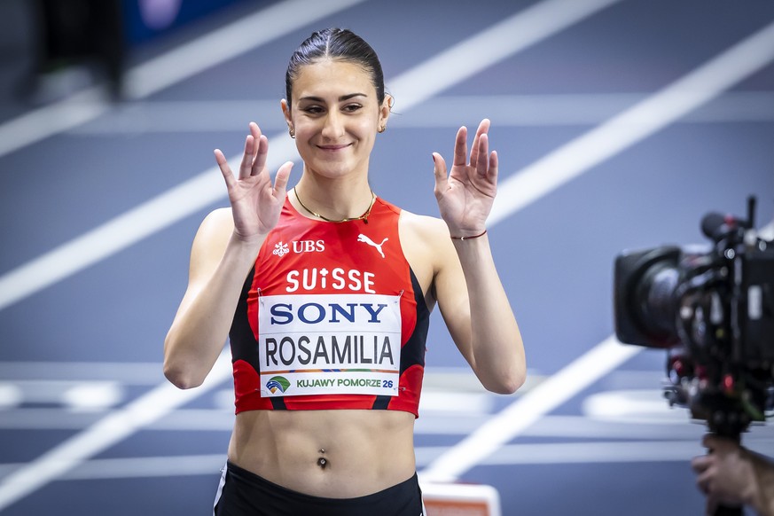 Valentina Rosamilia of Switzerland reacts before the women's 800 meters heat during the World Athletics Indoor Championships at the Kujawsko-Pomorska Arena in Torun, Poland, Friday, March, 20, 20 ...