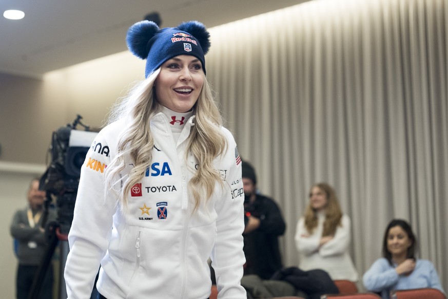 Lindsey Vonn of the United States, arrives at a press conference ahead of the women&#039;s Downhill race at the Alpine Skiing FIS Ski World Cup on Wednesday, 10. December 2025 at the hotel Kempinski i ...