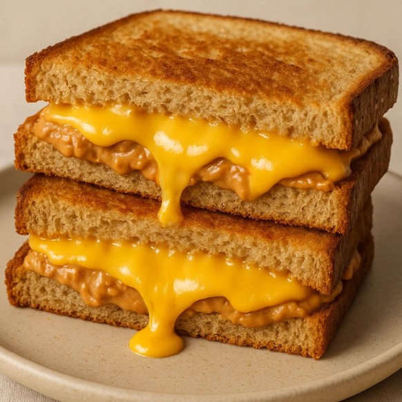 Une assiette de sandwiches au fromage et beurre de cacahuète. Image génerée par IA.