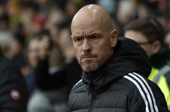 Manchester United's head coach Erik ten Hag looks out before the English Premier League soccer match between Wolverhampton Wanderers and Manchester United at the Molineux Stadium in Wolverhampton, Eng ...