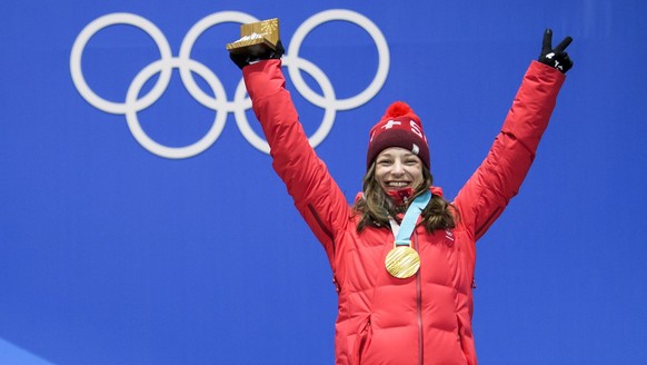 Gold medal winner Sarah Hoefflin of Switzerland celebrates during the victory ceremony on the Medal Plaza for the women Freestyle Skiing Slopestyle final at the XXIII Winter Olympics 2018 in Pyeongcha ...