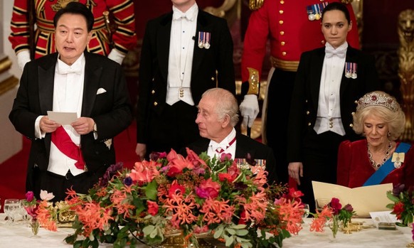 South Korean President state visit to the UK President of South Korea Yoon Suk Yeol listens as King Charles III speaks at the state banquet at Buckingham Palace, London, for the state visit to the UK ...