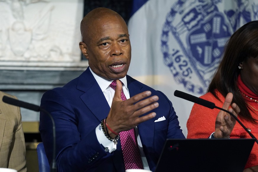 New York Mayor Eric Adams responds to questions during a news conference at New York&#039;s City Hall, Tuesday, Nov. 14, 2023. Adams deflected more questions Tuesday about an FBI investigation into hi ...
