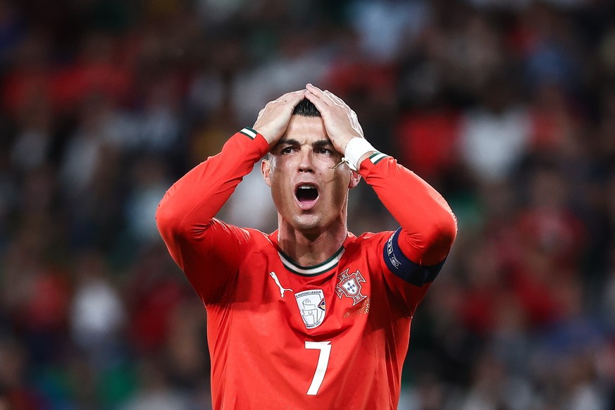 KEYPIX - epa12447618 Portugal's Cristiano Ronaldo gestures during the 2026 FIFA World Cup European Qualifiers Group F soccer match between Portugal and Ireland, in Lisbon, Portugal, 11 October 20 ...