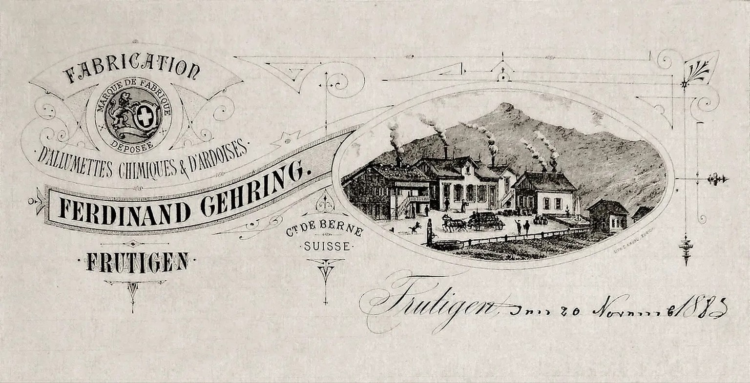 En-tête des documents de la fabrique d’allumettes Ferdinand Gehring à Reinisch, près de Frutigen, en 1883.
https://kulturgutstiftung.ch/themen-2/industrie/zuendholz/