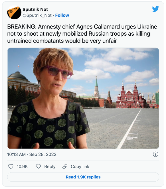 La cheffe d'Amnesty International demande à l'Ukraine de ne pas tirer sur les soldats russes fraîchement mobilisés car tuer des combattants non entrainés serait injuste