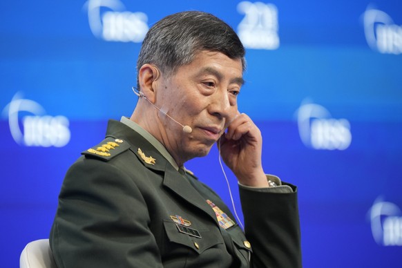 Chinese Defense Minister Gen. Li Shangfu prepares to deliver his speech on the last day of the 20th International Institute for Strategic Studies (IISS) Shangri-La Dialogue, Asia&#039;s annual defense ...