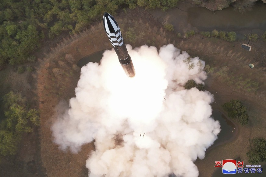 This photo provided April 14, 2023, by the North Korean government, shows what it says is the test-launch of Hwasong-18 intercontinental ballistic missile Thursday, April 13, 2023 at an undisclosed lo ...
