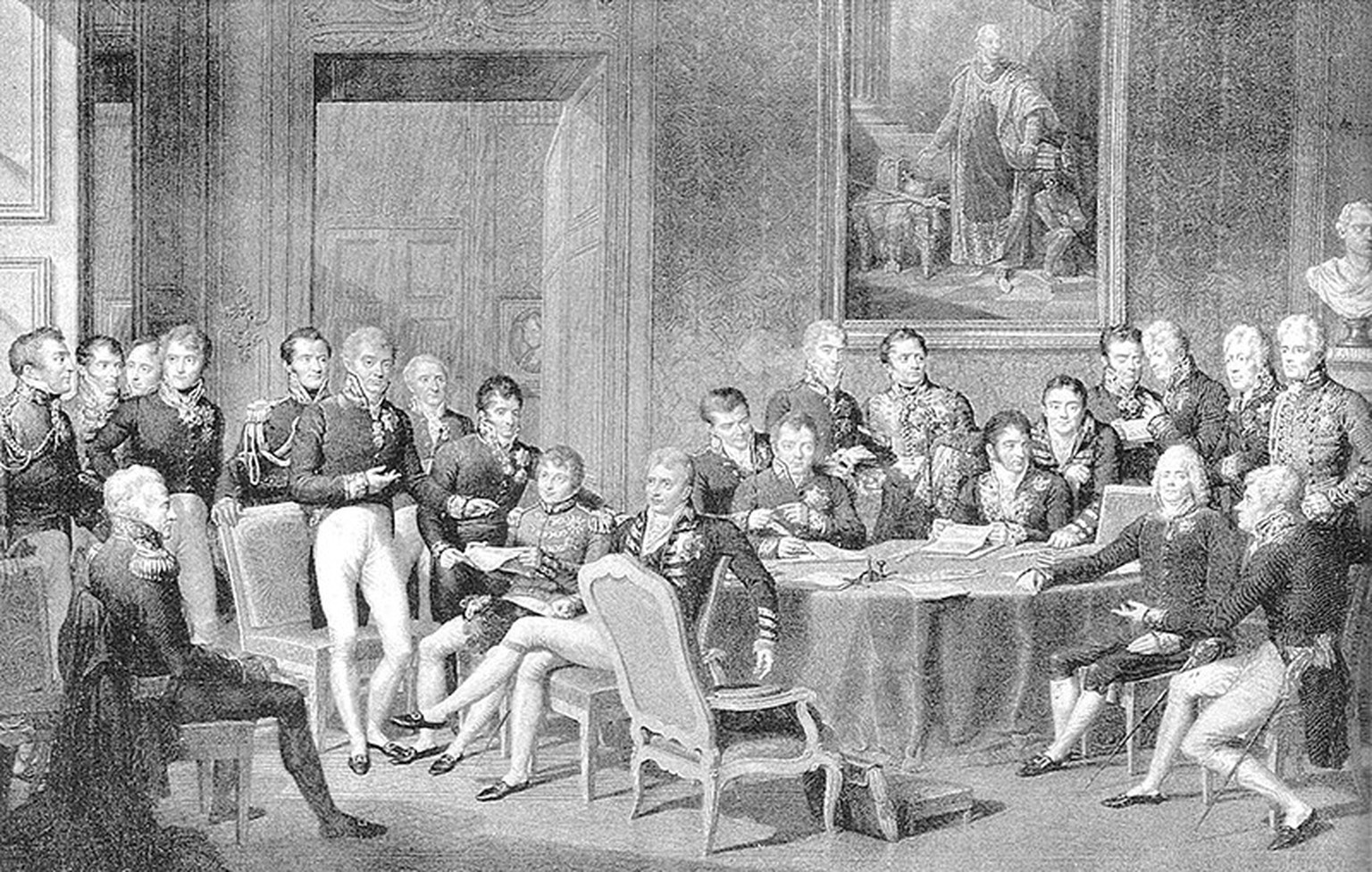 Le Jura a été rattaché au canton de Berne lors du Congrès de Vienne, en 1815. Dessin: Jean-Baptiste Isabey; gravure sur cuivre: Jean Godefroy.
https://commons.wikimedia.org/wiki/File:Wiener_Kongress.j ...