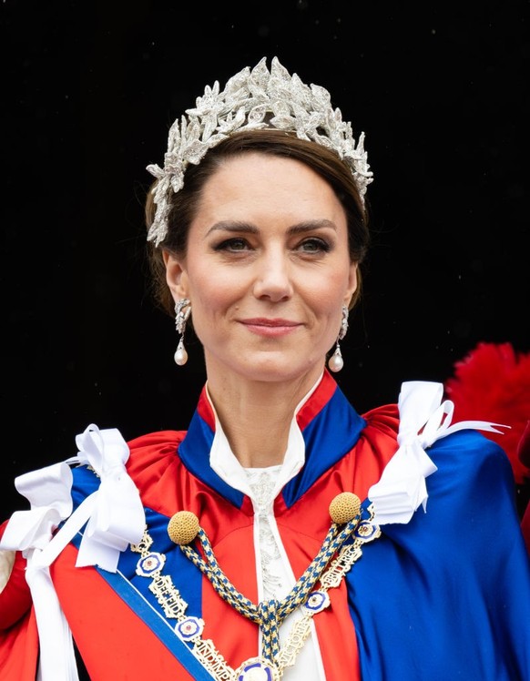 LONDON, ENGLAND - MAY 06: Catherine, Princess of Wales on the balcony of Buckingham Palace following the Coronation of King Charles III and Queen Camilla on May 06, 2023 in London, England. The Corona ...