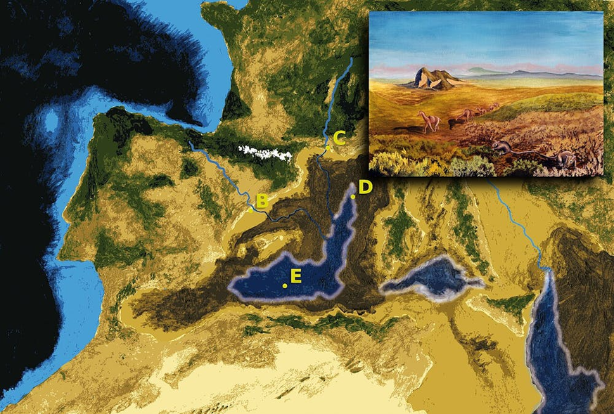 Fermeture du dernier canal reliant la Méditerranée à l&#039;Atlantique, menant à la crise de salinité messinienne il y a 5,96 millions d&#039;années. (B) et (C) : les fleuves qui se jetaient autrefois ...