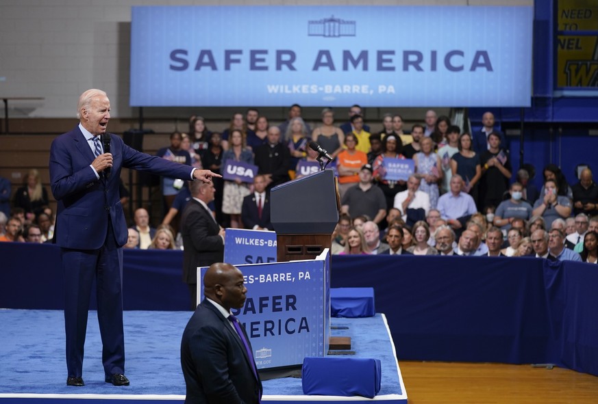 President Joe Biden speaks at the Arnaud C. Marts Center on the campus of Wilkes University, Tuesday, Aug. 30, 2022, in Wilkes-Barre, Pa. (AP Photo/Evan Vucci)
Joe Biden