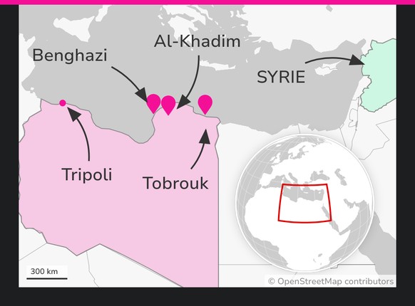 Cartes des des nouvelles potentielles bases russes à Tobrouk et Benghazi en Libye et aussi la base déjà existante de Al-Khadim