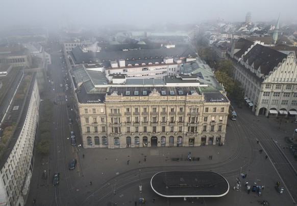 The headquarters of Swiss bank Credit Suisse is pictured in this photo taken with a drone in Zurich, Switzerland on Thursday, October 27, 2022. Credit Suisse announced on October 27, a restructuring p ...