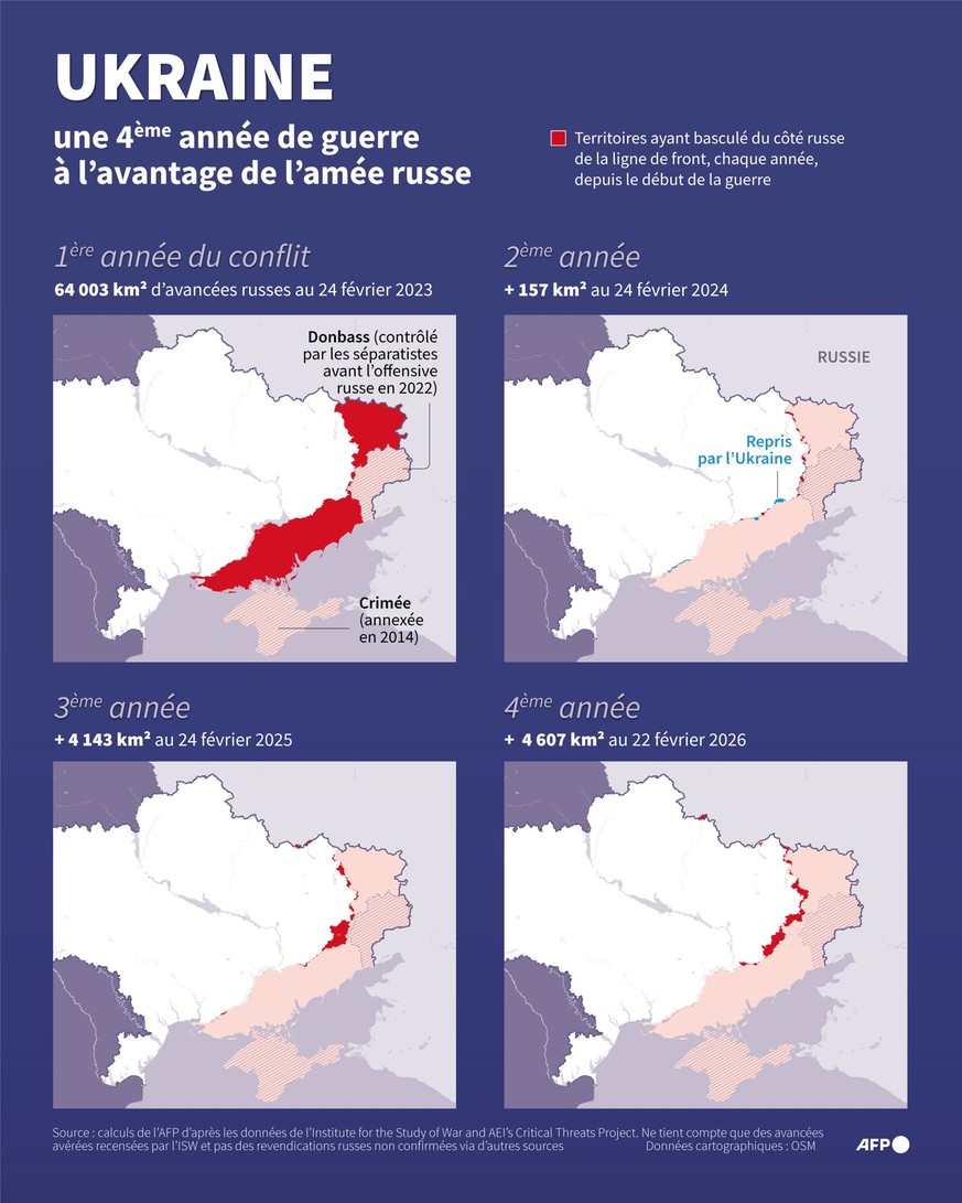 Cartes de l'Ukraine montrant les territoires suppl�mentaires occup�s chaque ann�e par l'arm�e russe, de 2022 � 2025, et �tendues de ces avanc�es en km2, d'apr�s les calculs de l'AF ...