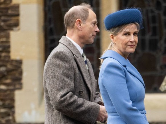 SANDRINGHAM, NORFOLK - DECEMBER 25: Prince Edward, Duke of Edinburgh and Sophie, Duchess of Edinburgh attend the Christmas Morning Service at Sandringham Church on December 25, 2024 in Sandringham, No ...