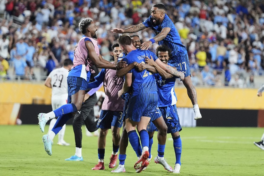 Al Hilal players celebrate following the Club World Cup round of 16 soccer match between Manchester City and Al Hilal in Orlando, Fla., Monday, June 30, 2025. (AP Photo/John Raoux)
APTOPIX CWC Manches ...