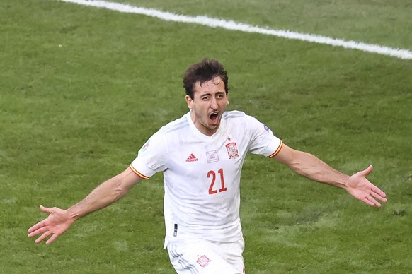 Spain&#039;s Mikel Oyarzabal celebrates after scoring his team&#039;s fifth goal during the Euro 2020 soccer championship round of 16 match between Croatia and Spain, at Parken stadium in Copenhagen,  ...