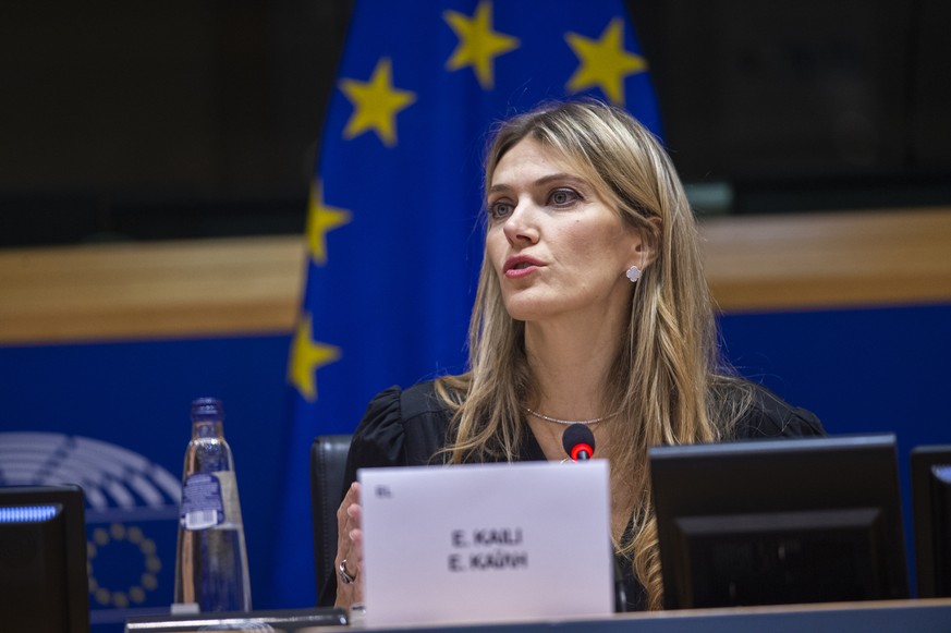 In this photo provided by the European Parliament, Greek politician and European Parliament Vice-President Eva Kaili speaks during the European Book Prize award ceremony in Brussels, Dec. 7, 2022. The ...