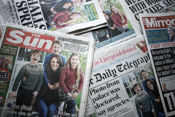 epa11213880 British newspaper front pages showing an image of Catherine, Princess of Wales with her children, pictured in London, Britain, 11 March 2024. The image was released on Mother&#039;s Day, 1 ...
