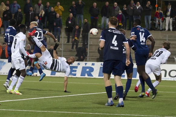 Basel&#039;s forward Arthur Cabral, 4th left, executes a bicycle kick, during the Swiss Cup Round of 16 between Etoile Carouge FC and FC Basel, at the Stade de la Fontenette, in Carouge, Switzerland,  ...