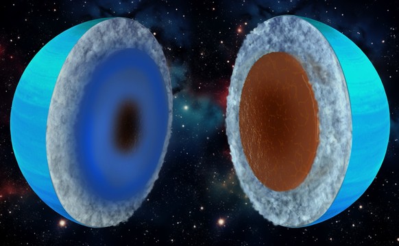 Uranus pourrait être une géante de glace (à gauche) ou une géante rocheuse (à droite), selon les hypothèses du modèle.