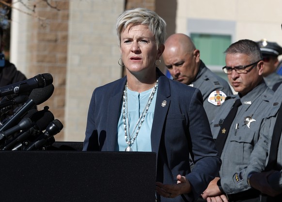 FILE - Santa Fe District Attorney Mary Carmack-Altwies speaks during a news conference in Santa Fe, N.M., Wednesday, Oct. 27, 2021. Carmack-Altwies says her office will decide whether criminal charges ...