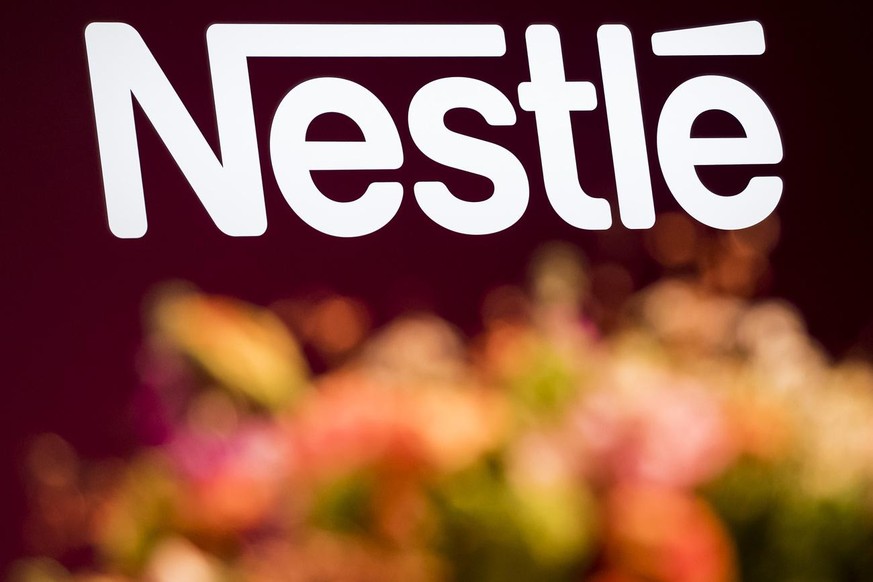 A logo is pictured during the general meeting of the world&#039;s biggest food and beverage company, Nestle Group, in Lausanne, Switzerland, Thursday, April 11, 2019. (KEYSTONE/Jean-Christophe Bott)