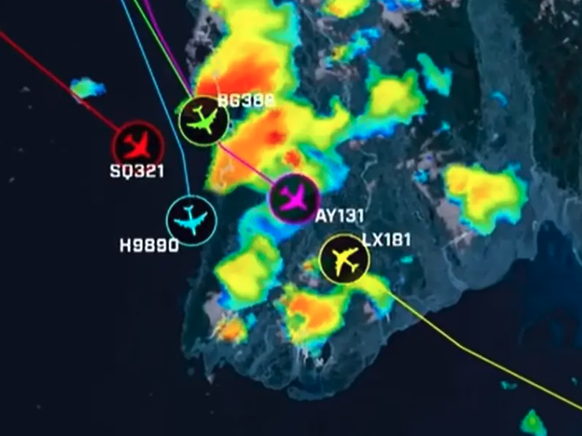 L'équipage du vol SQ321 n'a pas modifié sa route malgré les cellules orageuses. En revanche, l'avion de Swiss (LX181) a adapté sa trajectoire.