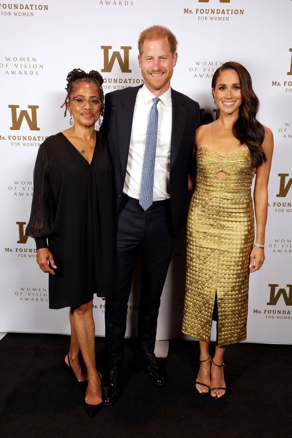NEW YORK, NEW YORK - MAY 16: (L-R) Doria Ragland, Prince Harry, Duke of Sussex and Meghan, The Duchess of Sussex attend the Ms. Foundation Women of Vision Awards: Celebrating Generations of Progress & ...