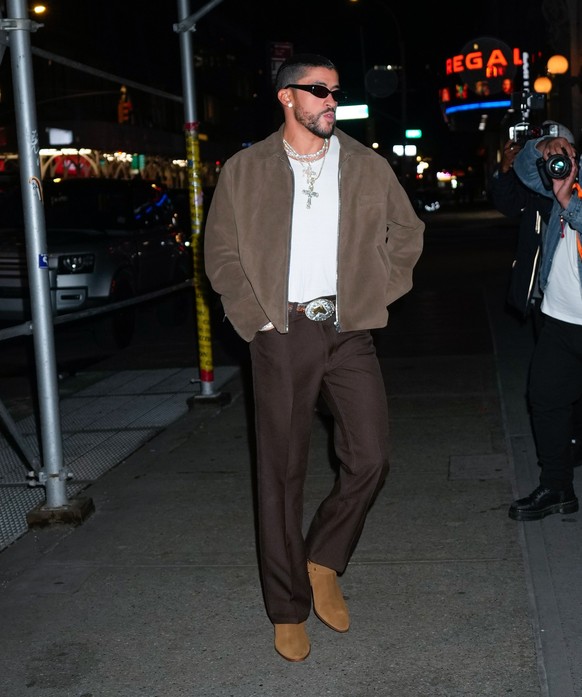NEW YORK, NEW YORK - MAY 01: Bad Bunny is seen heading to a Met Gala afterparty on May 01, 2023 in New York City. (Photo by Gotham/GC Images)