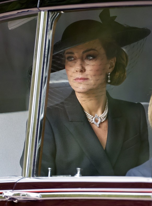 Kate Middleton, princesse de Galles, en route pour les funérailles d&#039;État de la reine Elizabeth II à Londres, Grande-Bretagne, le 19 septembre 2022.