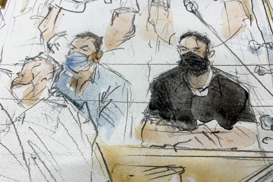 This sketch shows key defendant Salah Abdeslam, right, and Mohammed Abrini in the special courtroom built for the 2015 attacks trial, Wednesday, Sept. 8, 2021 in Paris. France began the trial of 20 me ...