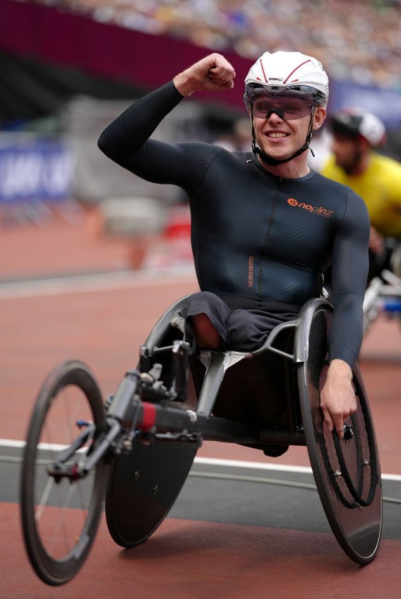 Nathan Maguire celebrates winning the Men&#039;s 1500m Wheelchair race during The London Athletics Meet at the London Stadium. Picture date: Sunday July 23, 2023. (Photo by John Walton/PA Images via G ...