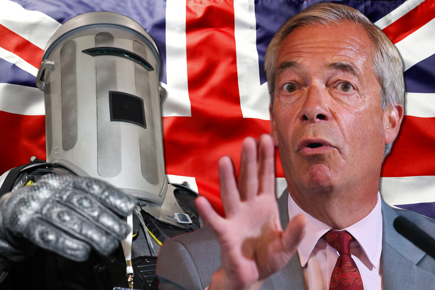 Nigel Farage (à droite) va affronter une trentaine de candidats parfois originaux lors de l'élection de Clacton, comme un certain comte Poubelle (à gauche).