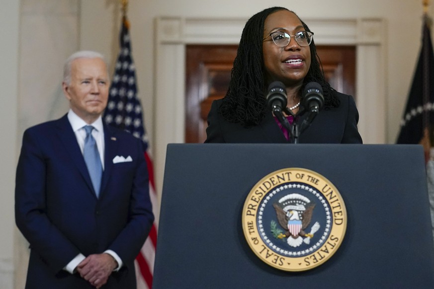 FILE - Judge Ketanji Brown Jackson speaks after President Joe Biden announced Jackson as his nominee to the Supreme Court in the Cross Hall of the White House, Feb. 25, 2022, in Washington. Judge Jack ...