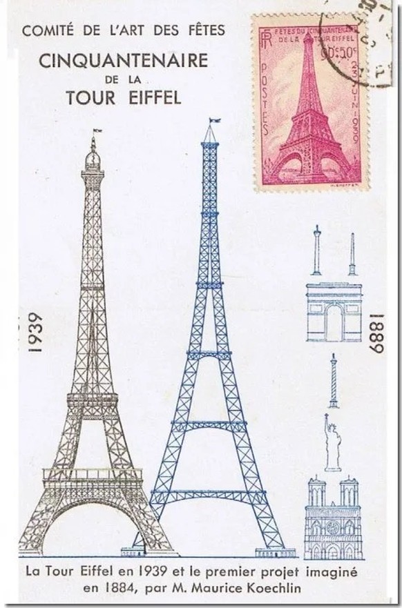 Carte postale de 1939. Première publication des dessins de Koechlin à l’occasion du 50e anniversaire de la tour Eiffel.
https://paris1900.lartnouveau.com/paris07/la_tour_eiffel_d_antan.htm