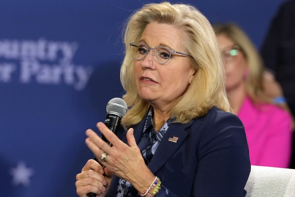 Former Rep. Liz Cheney, R-Wyo., speaks during a campaign event with Democratic presidential nominee Vice President Kamala Harris Monday, Oct. 21, 2024, in Brookfield, Wis. (AP Photo/Morry Gash)