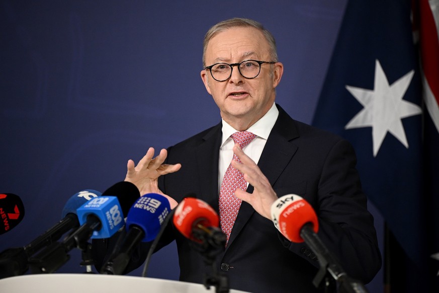 epa12370730 Australian Prime Minister Anthony Albanese speaks to the media during a press conference at the Commonwealth Parliamentary Offices (CPO) in Sydney, New South Wales, Australia, 12 September ...