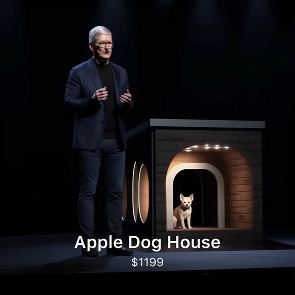 Fake-Apple-Produkt, mit falschem Tim Cook, KI-generiert. (Juni 2023)