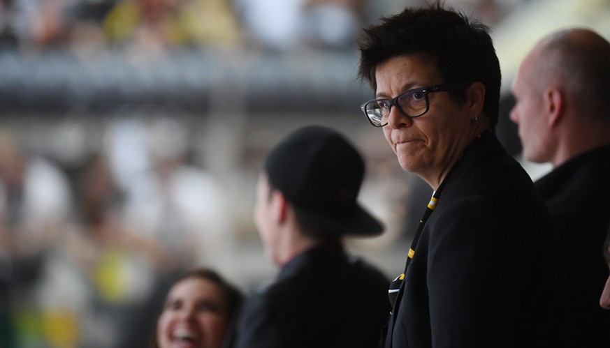 Vicky Mantegazza, president of HC Lugano, waits for the beginning of the match, during the seventh match of the playoff final of the National League of the ice hockey Swiss Championship between the HC ...